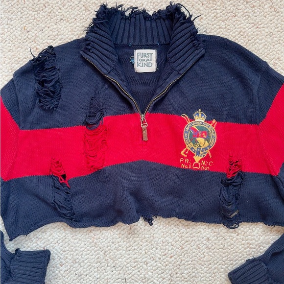 Ralph Lauren Navy and Red Knit Striped Sweater Cotton size M Quarter Zip - Picture 4 of 7